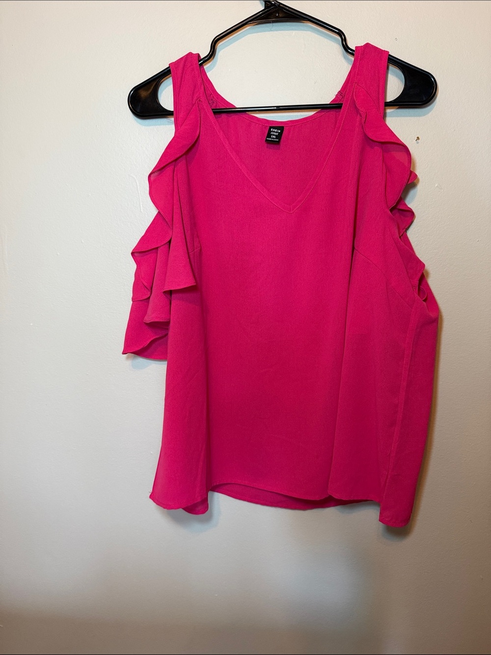 SHEIN Bright Pink Cold-Shoulder Ruffle V-Neck Blouse